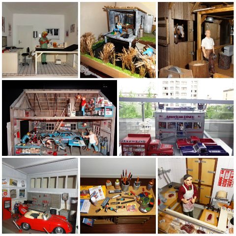 miniature infirmière,la pèche,le far west,le boucher,restaurant diner,atelier peintre,diorama garage,garage dans une grange